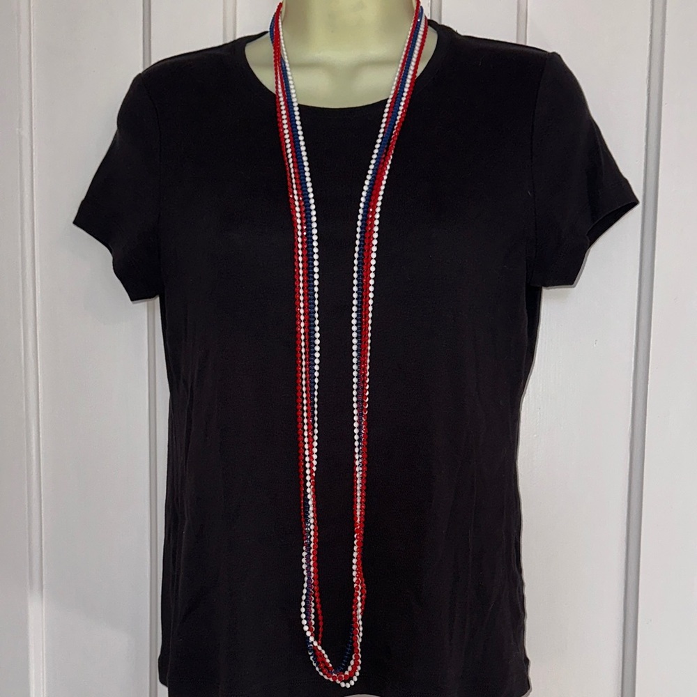 Vintage Mid Century Red, White &‎ Blue Beaded Multi Strand Long Necklace